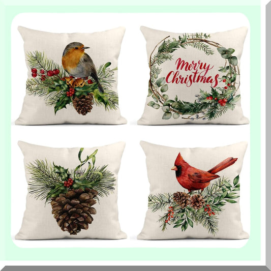 Watercolor Pine Cone Cardinal Linen Pillow Covers Compatible with Couch Sofa Bed