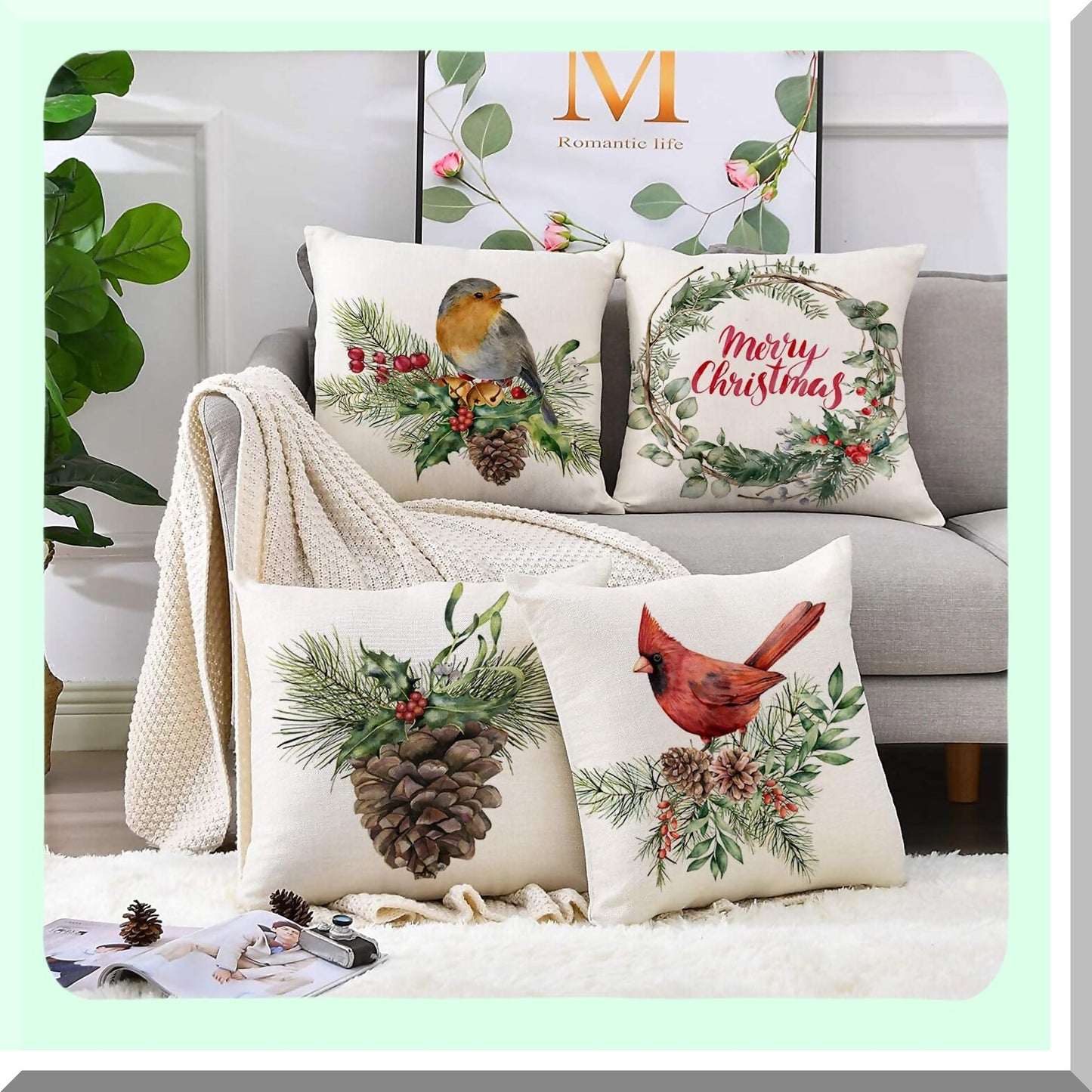 Watercolor Pine Cone Cardinal Linen Pillow Covers - Set of 4 | 18x18 Inches Home Decor Cushion Covers for Couch Sofa Bed | Square Flax Pillowcase