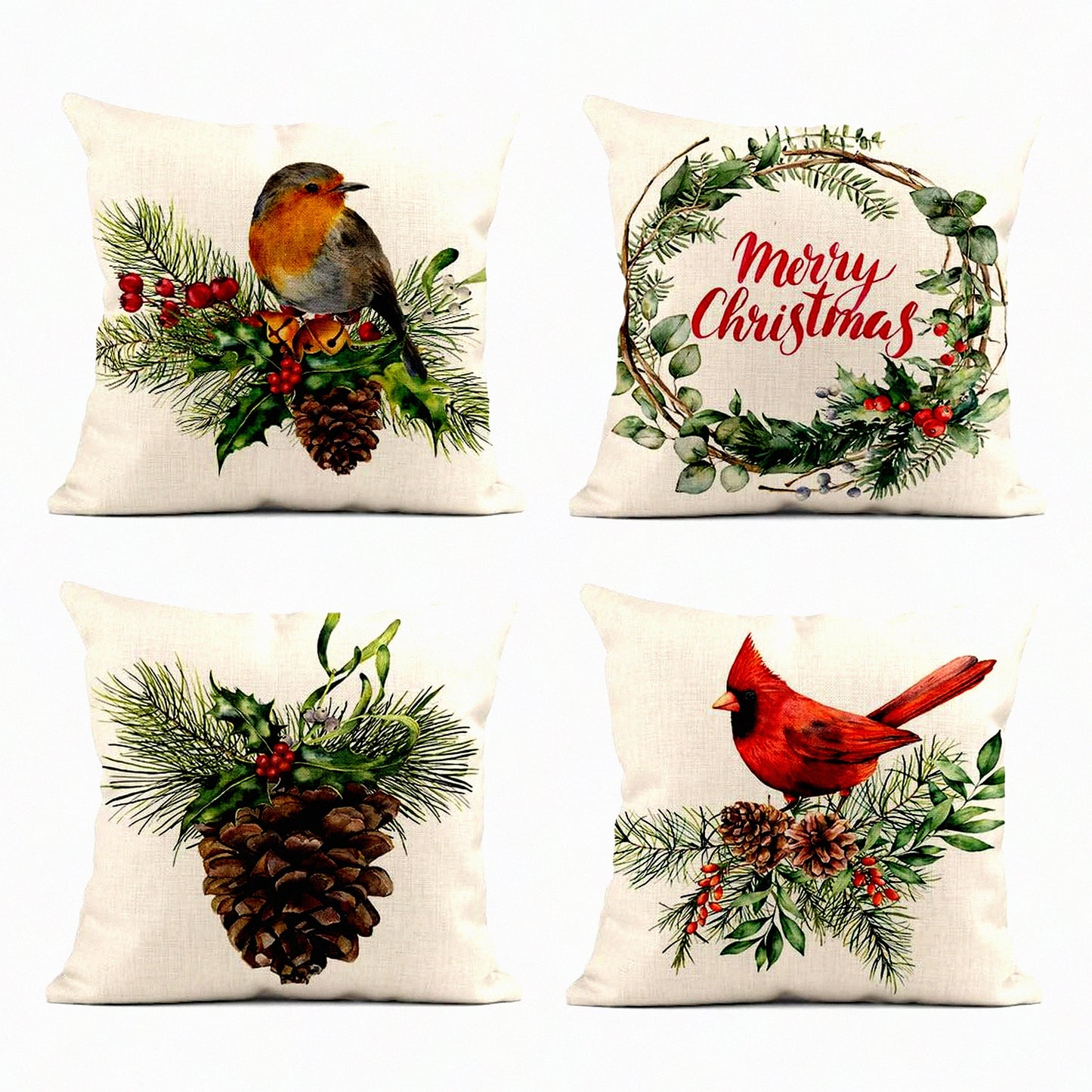 Watercolor Pine Cone Cardinal Linen Pillow Covers - Set of 4 | 18x18 Inches Home Decor Cushion Covers for Couch Sofa Bed | Square Flax Pillowcase