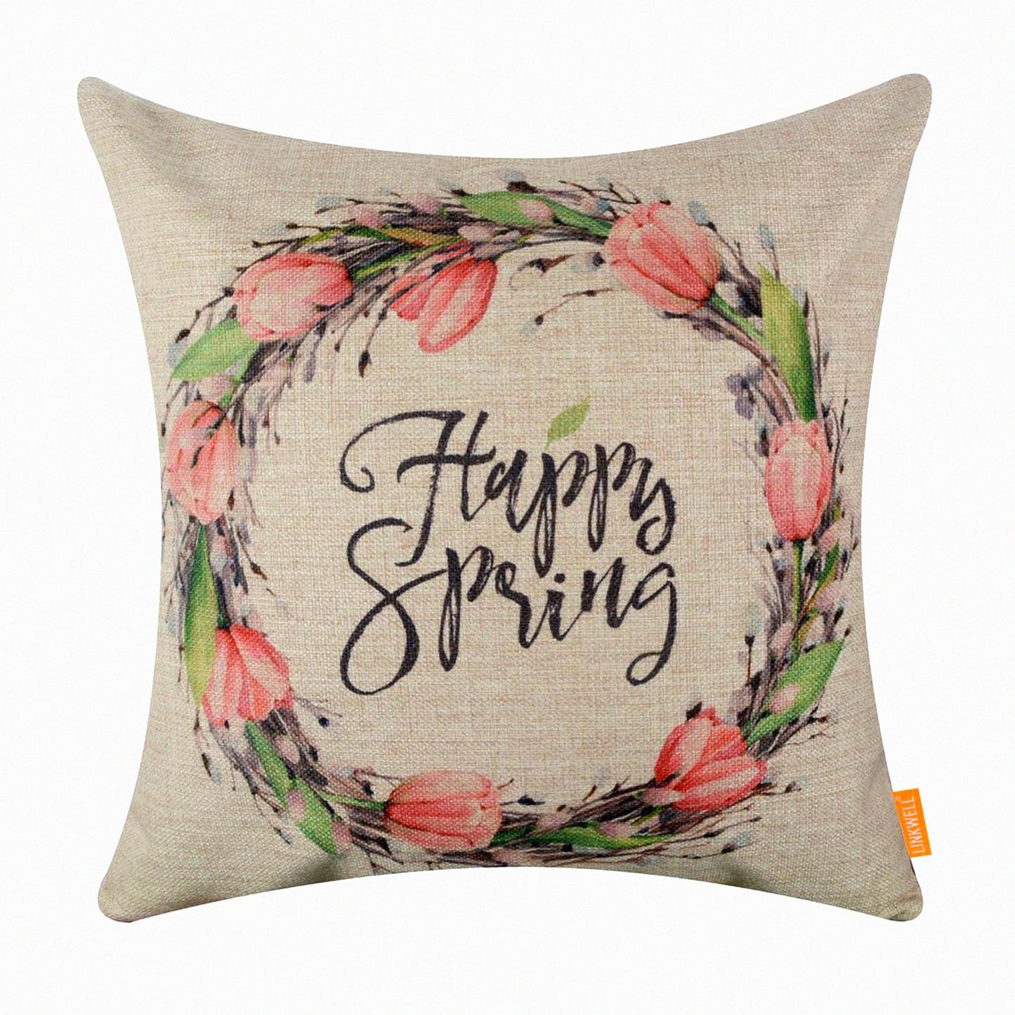Spring Bliss Burlap Pillow Cover - Season Decoration Holiday Happy Wreath Cushion CC1395 - 18"x18"
