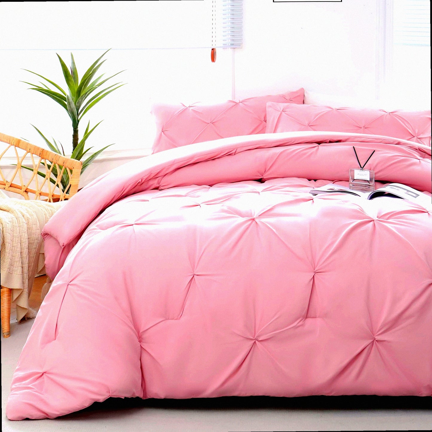 Pink Pintuck Comforter Set - Full Size 3-Piece Bedding Bundle | Pinch Pleated Comforter with 2 Pillowcases | Soft All Season Comforters for Cozy Sleep