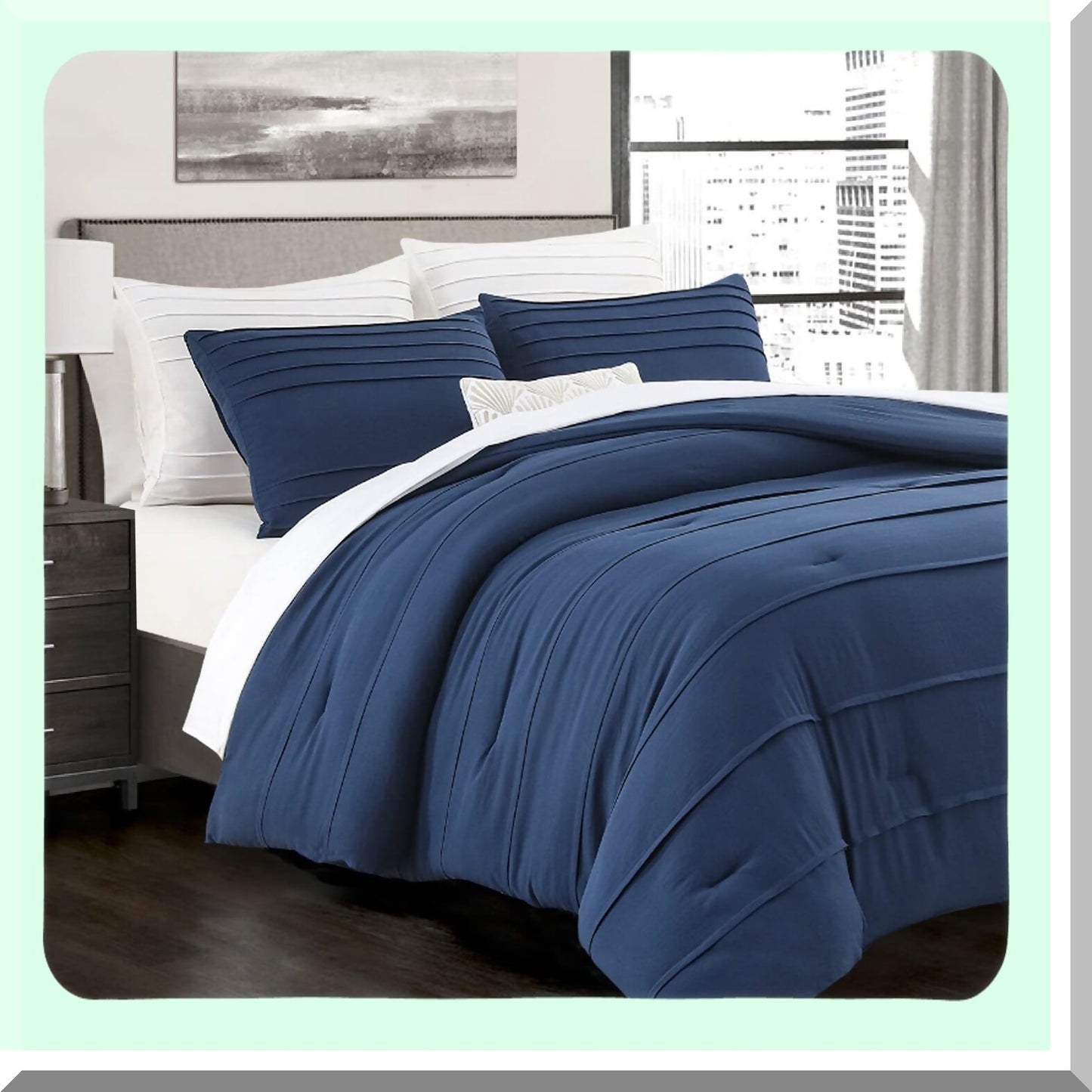 Luxury Navy Pinch Pleat Comforter Set - All Season Down Alternative Bedding - 3 Piece Bed Set with 1 Comforter and 2 Pillowcases (104 x 90)