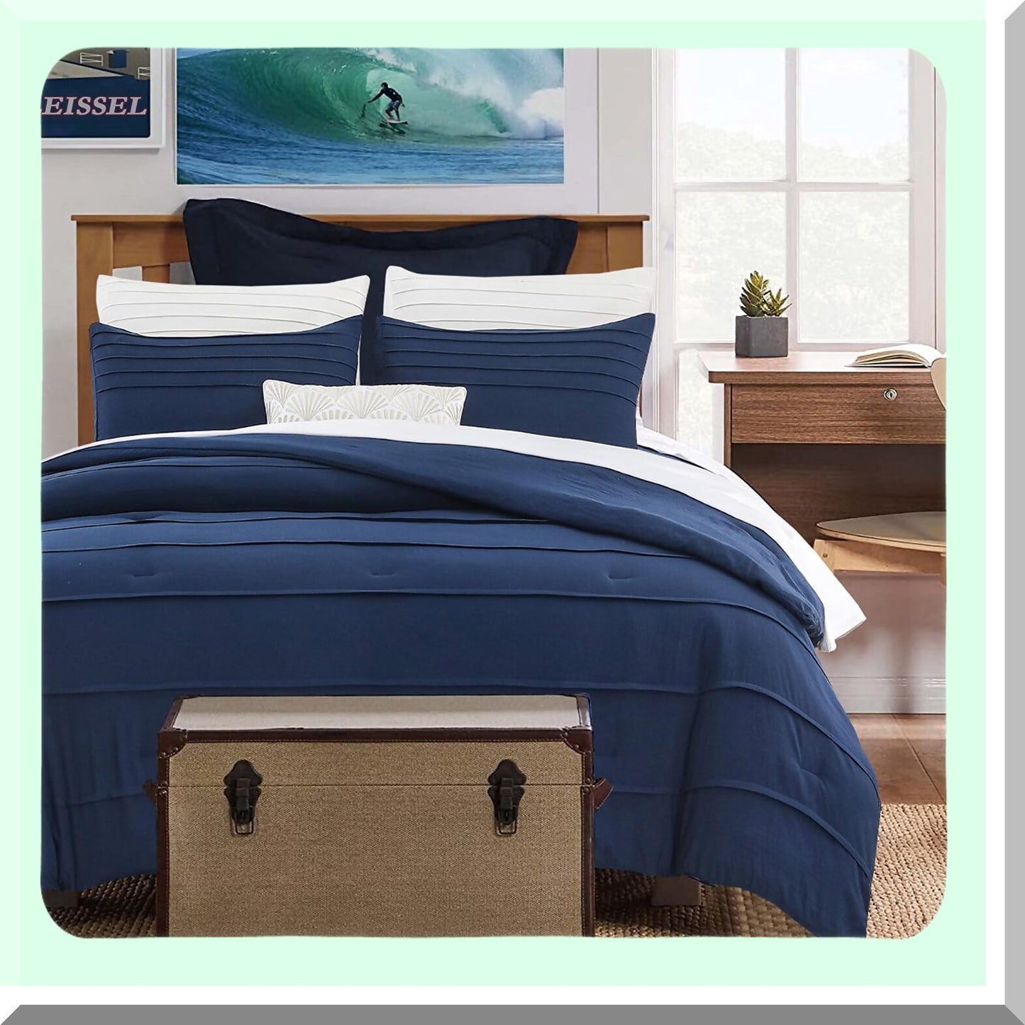 Luxury Navy Pinch Pleat Comforter Set - All Season Down Alternative Bedding - 3 Piece Bed Set with 1 Comforter and 2 Pillowcases (104 x 90)