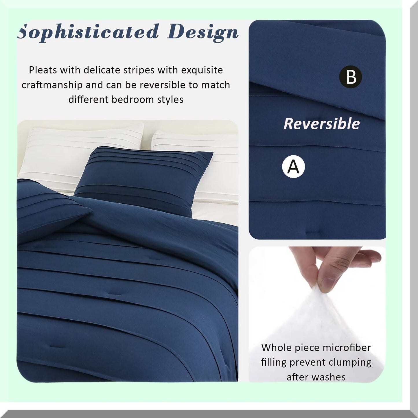 Luxury Navy Pinch Pleat Comforter Set - All Season Down Alternative Bedding - 3 Piece Bed Set with 1 Comforter and 2 Pillowcases (104 x 90)