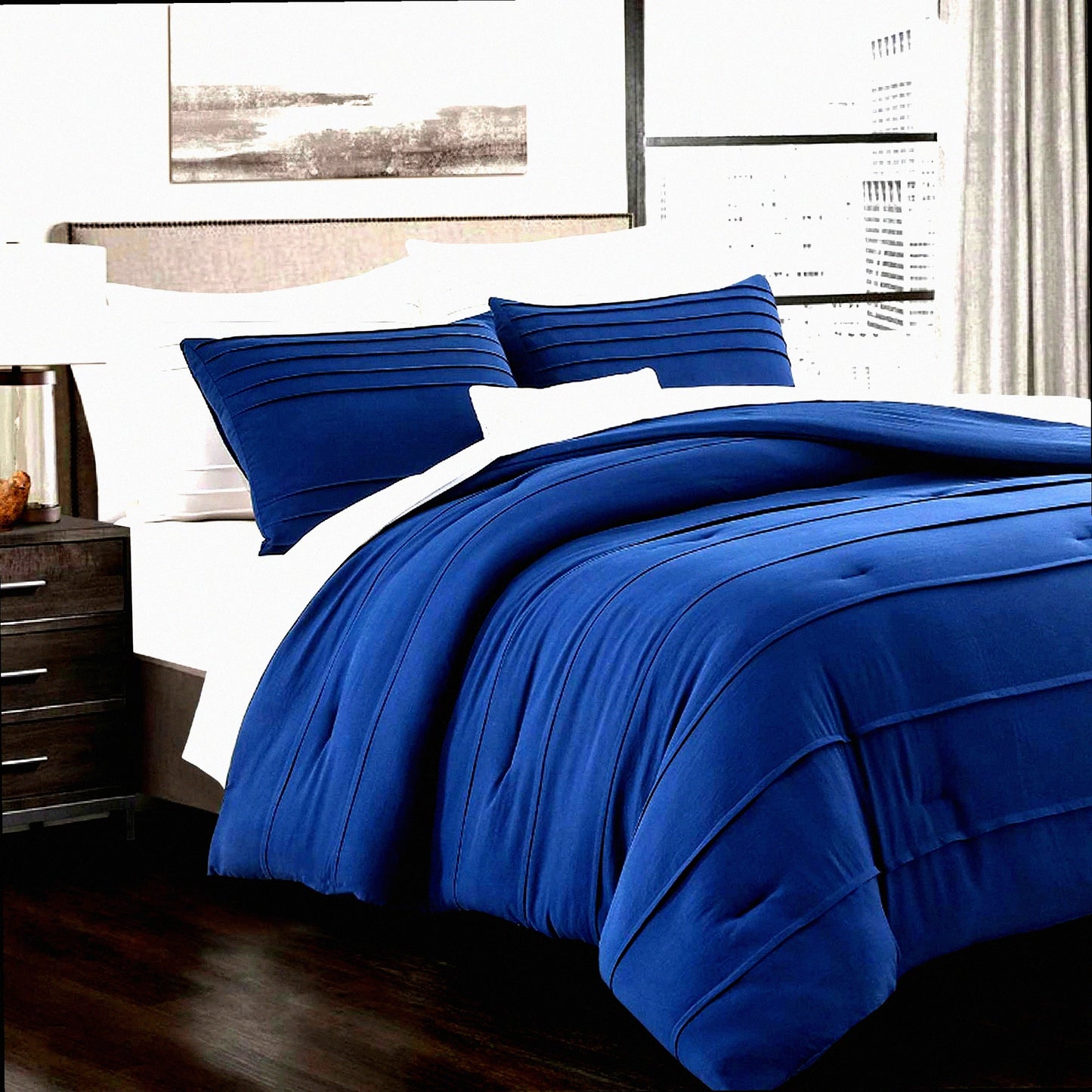 Luxury Navy Pinch Pleat Comforter Set - All Season Down Alternative Bedding - 3 Piece Bed Set with 1 Comforter and 2 Pillowcases (104 x 90)