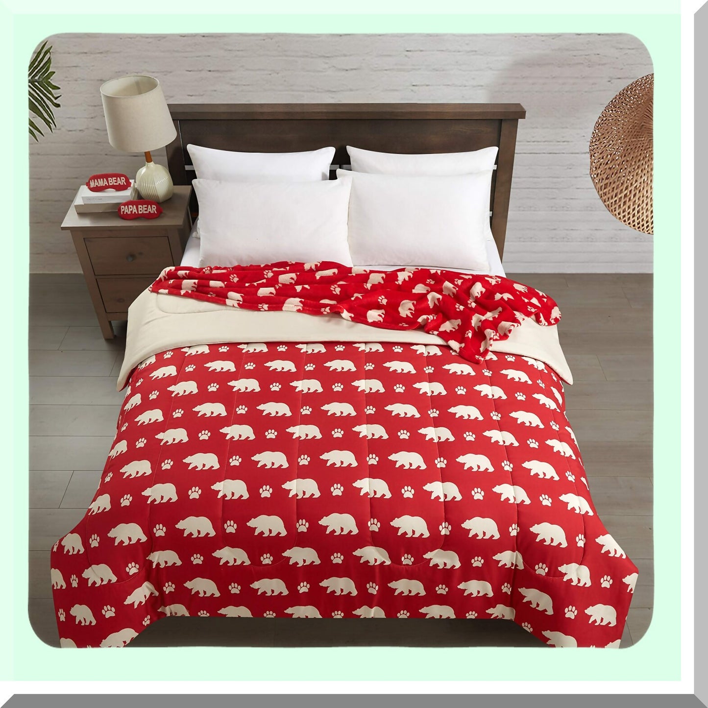 Red Bear Cozy Comfort 4-Piece Set - Full Size 76"x86" - Includes Comforter, Throw, and 2 Masks - Mama Bear Theme - Soft and Warm Bedding