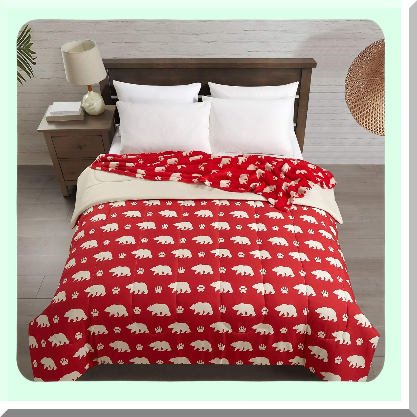 Red Bear Cozy Comfort 4-Piece Set - Full Size 76"x86" - Includes Comforter, Throw, and 2 Masks - Mama Bear Theme - Soft and Warm Bedding