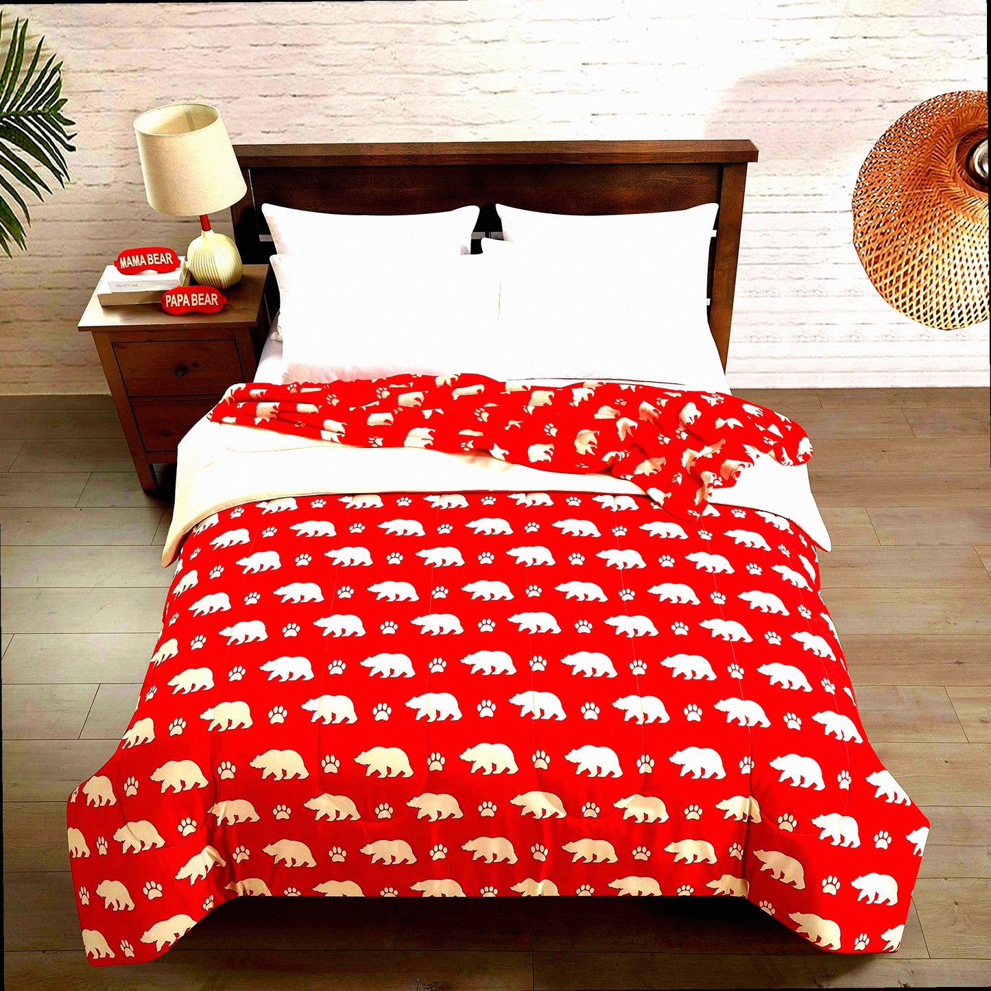 Red Bear Cozy Comfort 4-Piece Set - Full Size 76"x86" - Includes Comforter, Throw, and 2 Masks - Mama Bear Theme - Soft and Warm Bedding