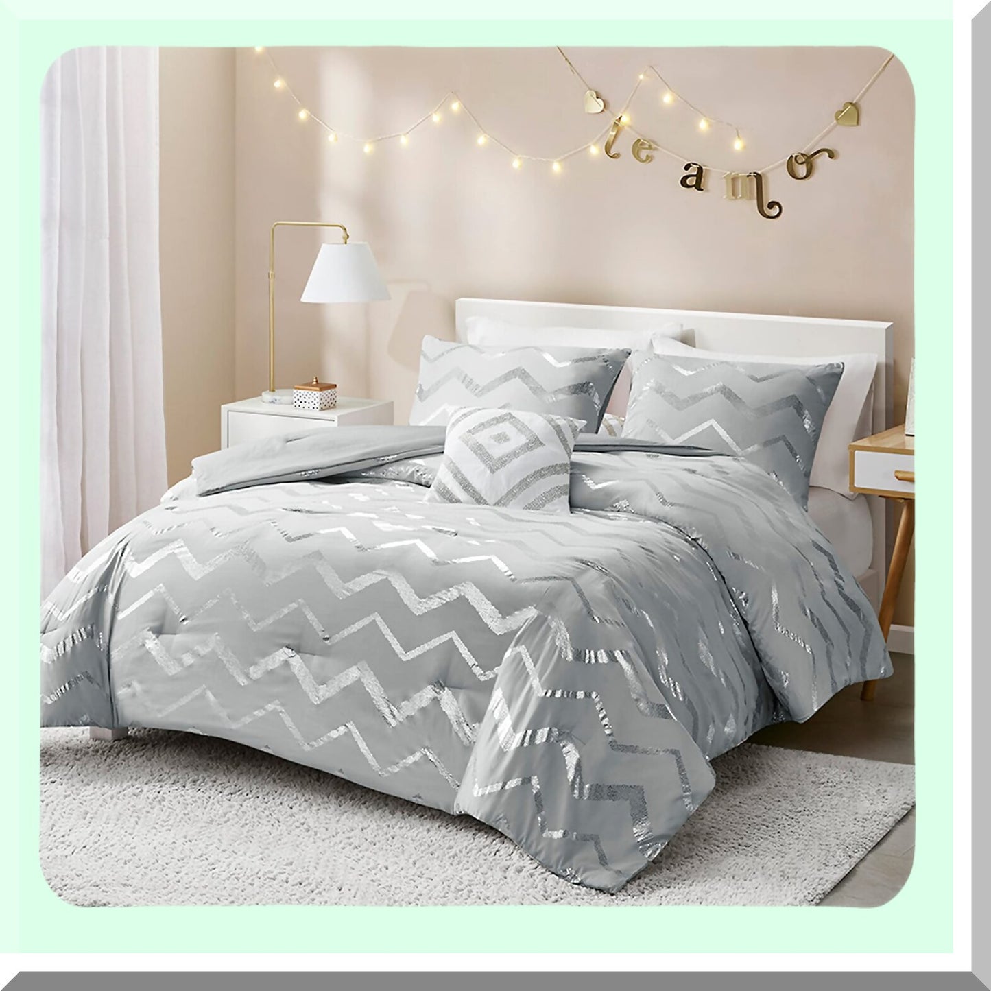 Silver Shimmer Comforter Set - Twin XL Size, Metallic Grey Bedding for Girls Room - 3 Piece Bedroom Decor with Matching Sham and Decorative Pillow - Ziggy Collection
