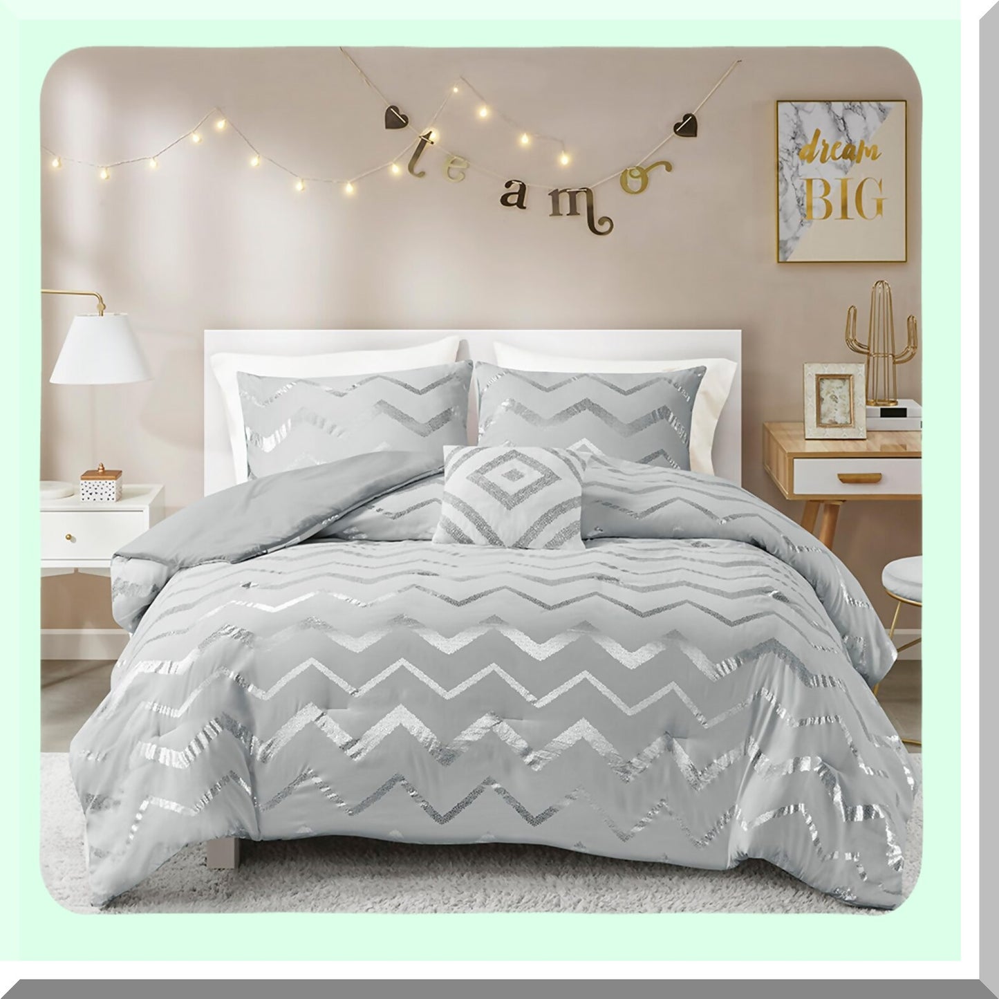 Silver Shimmer Comforter Set - Twin XL Size, Metallic Grey Bedding for Girls Room - 3 Piece Bedroom Decor with Matching Sham and Decorative Pillow - Ziggy Collection