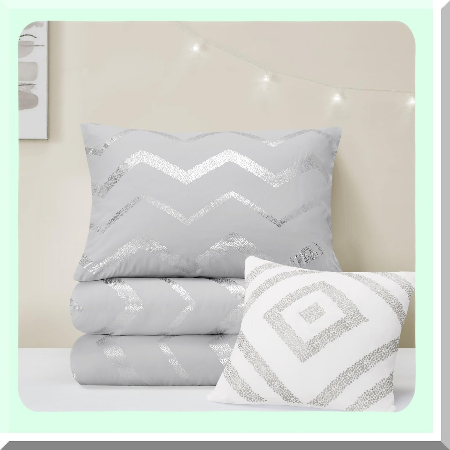 Silver Shimmer Comforter Set - Twin XL Size, Metallic Grey Bedding for Girls Room - 3 Piece Bedroom Decor with Matching Sham and Decorative Pillow - Ziggy Collection