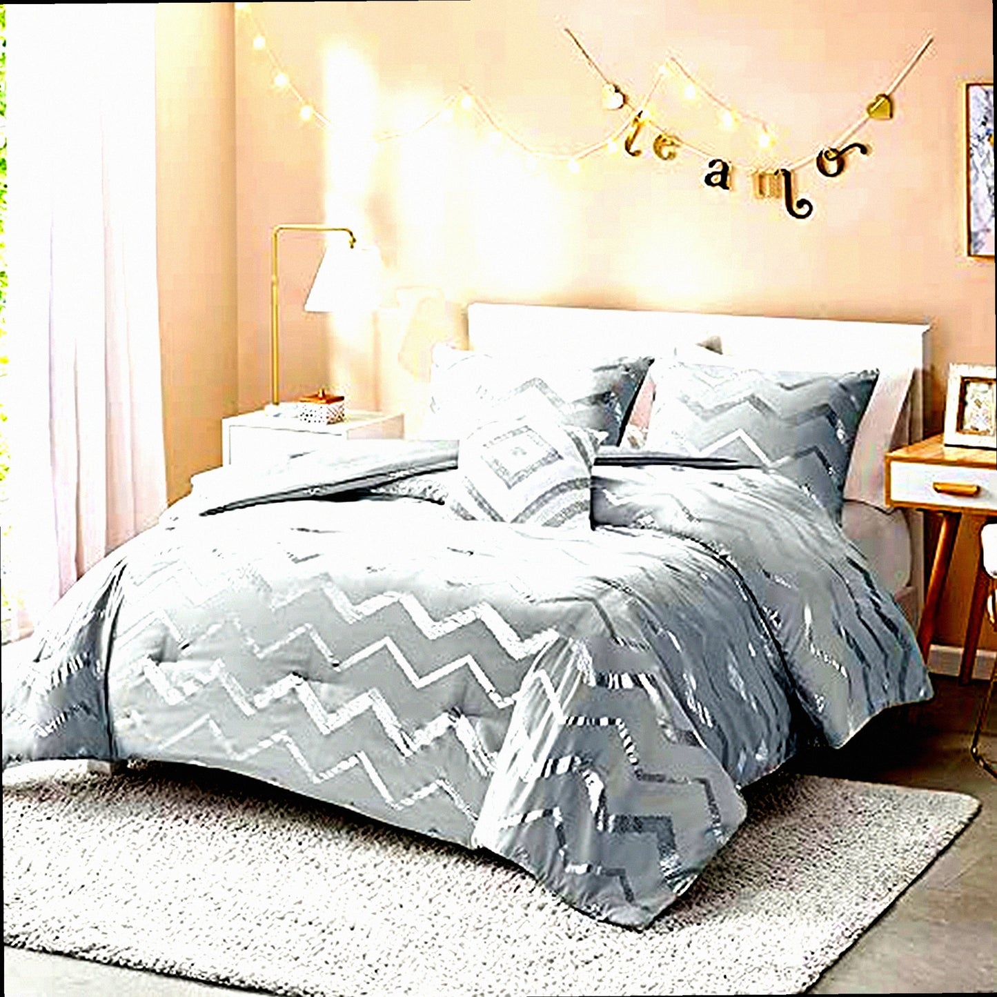 Silver Shimmer Comforter Set - Twin XL Size, Metallic Grey Bedding for Girls Room - 3 Piece Bedroom Decor with Matching Sham and Decorative Pillow - Ziggy Collection