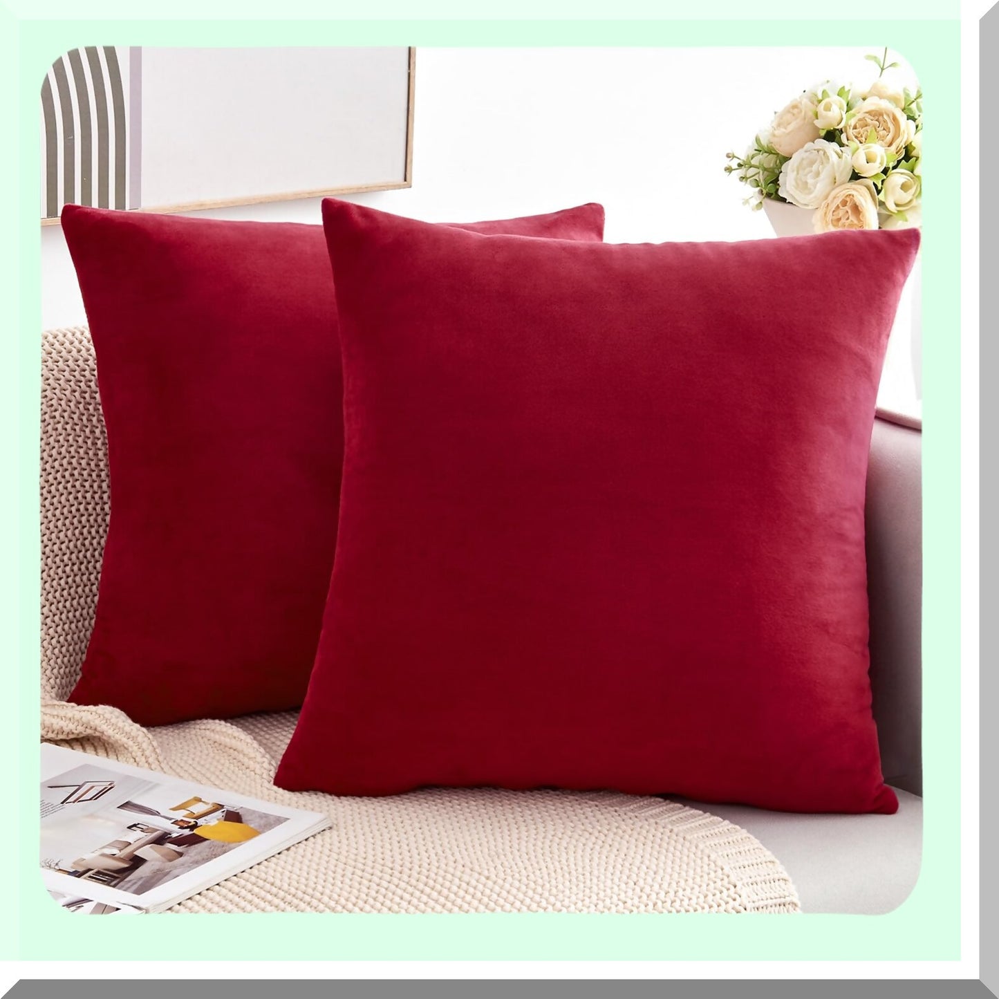 Velvet Red Magenta Throw Pillow Covers - Set of 2 18x18 Inch Soft Pillowcases for Couch Sofa Bed - Square Decorative Accent Cushion Covers for Living Room