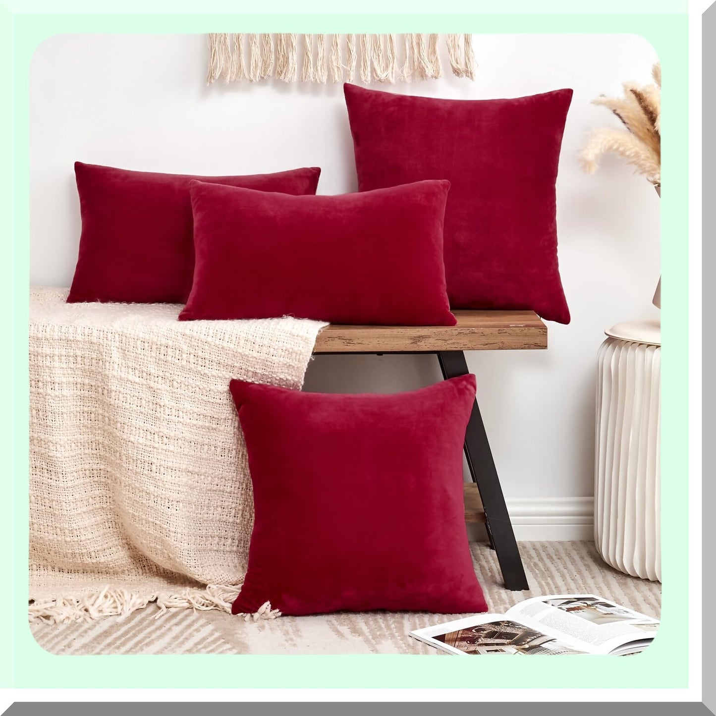 Velvet Red Magenta Throw Pillow Covers - Set of 2 18x18 Inch Soft Pillowcases for Couch Sofa Bed - Square Decorative Accent Cushion Covers for Living Room