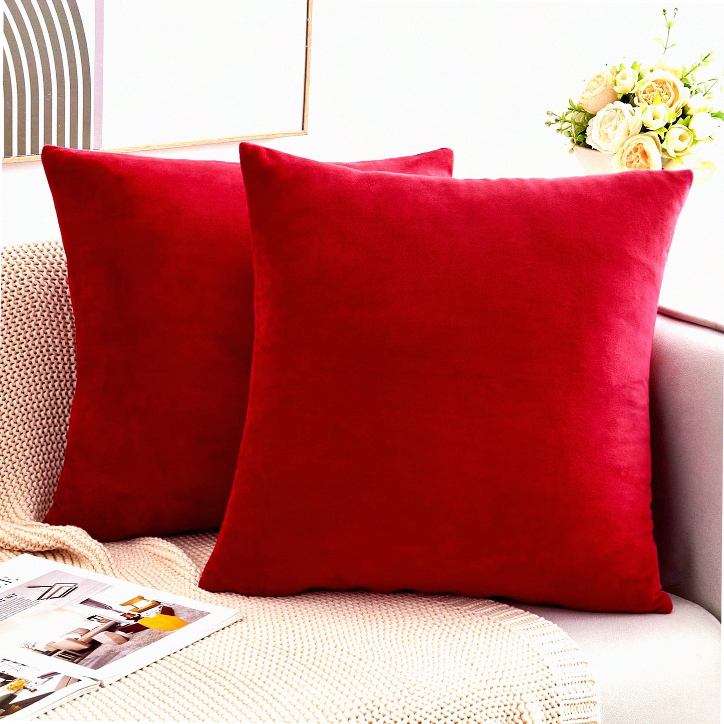 Velvet Red Magenta Throw Pillow Covers - Set of 2 18x18 Inch Soft Pillowcases for Couch Sofa Bed - Square Decorative Accent Cushion Covers for Living Room