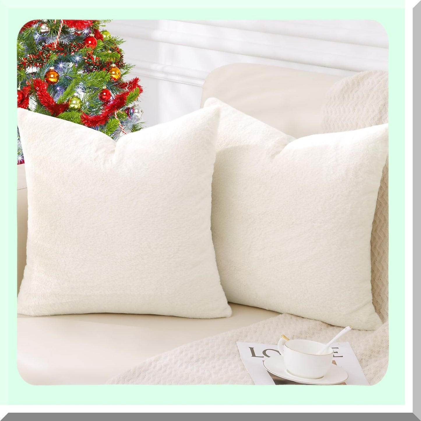 Luxury Fluffy Cozy Decorative Pillow Covers - Plush Throw Set of 2 - Soft Sofa Couch Living Room - Cream White 18x18