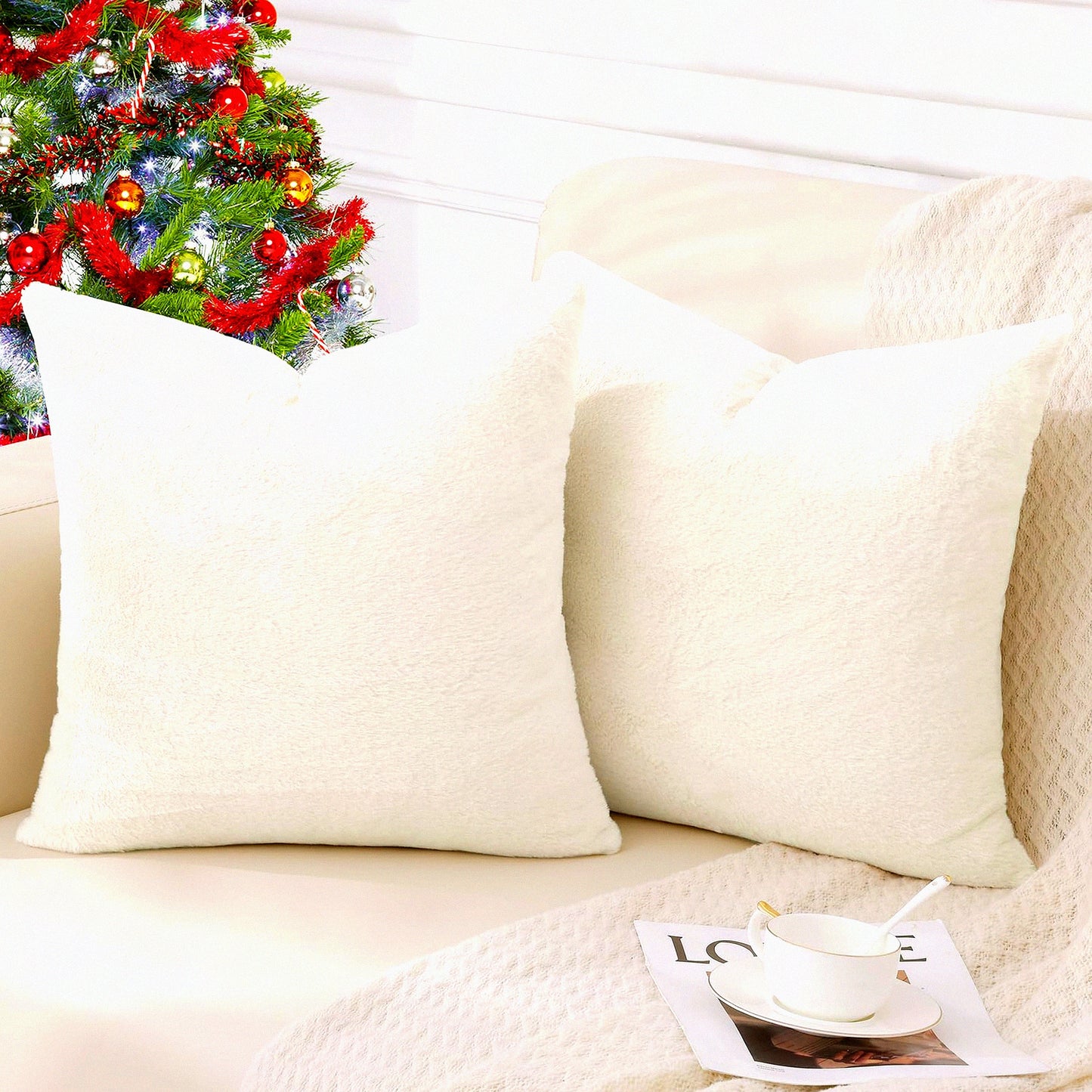 Luxury Fluffy Cozy Decorative Pillow Covers - Plush Throw Set of 2 - Soft Sofa Couch Living Room - Cream White 18x18