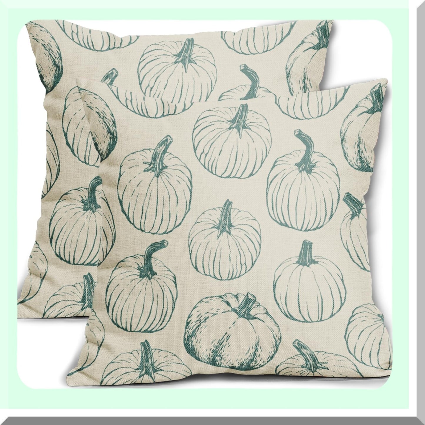 Autumn Harvest Pillowcase Set - Light Blue Pumpkin Themed Decorative Throw Pillows for Sofa Couch Bed - Farmhouse Linen Cushion Covers 18x18 - Thanksgiving Outdoor Decor