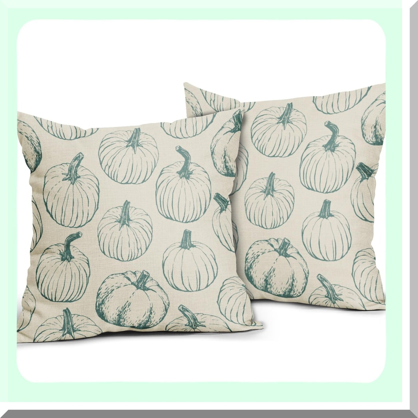 Autumn Harvest Pillowcase Set - Light Blue Pumpkin Themed Decorative Throw Pillows for Sofa Couch Bed - Farmhouse Linen Cushion Covers 18x18 - Thanksgiving Outdoor Decor