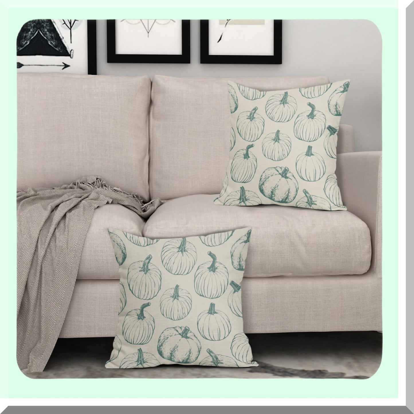 Autumn Harvest Pillowcase Set - Light Blue Pumpkin Themed Decorative Throw Pillows for Sofa Couch Bed - Farmhouse Linen Cushion Covers 18x18 - Thanksgiving Outdoor Decor