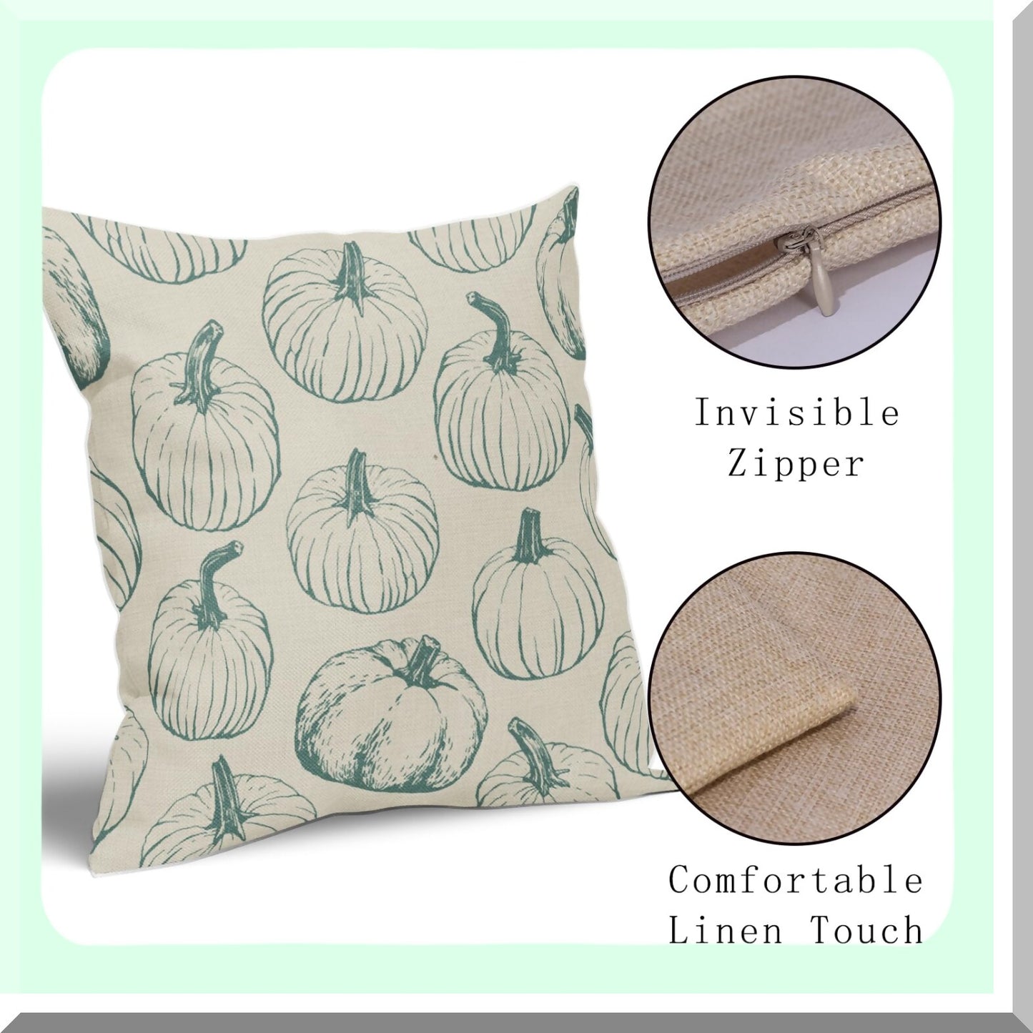 Autumn Harvest Pillowcase Set - Light Blue Pumpkin Themed Decorative Throw Pillows for Sofa Couch Bed - Farmhouse Linen Cushion Covers 18x18 - Thanksgiving Outdoor Decor