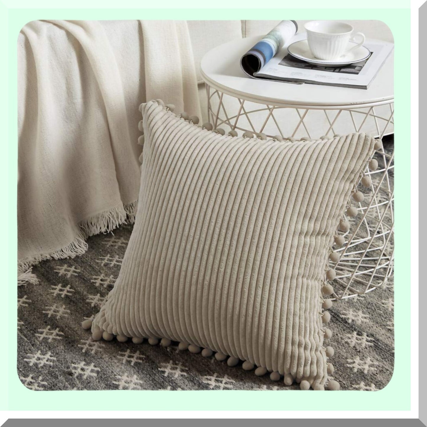 Boho Pom-Pom Corduroy Cushion Covers - Set of 2 | Soft Tan Square Pillow Cases for Living Room, Bedroom, Sofa, Car | 18x18 Inch Khaki Decor