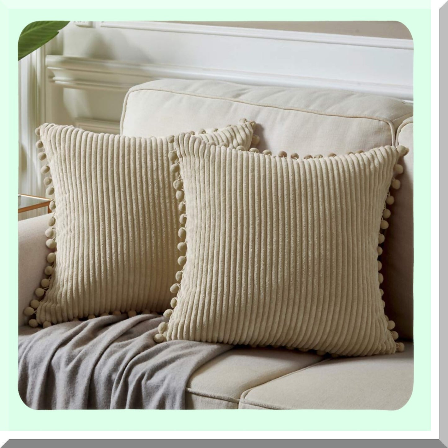 Boho Pom-Pom Corduroy Cushion Covers - Set of 2 | Soft Tan Square Pillow Cases for Living Room, Bedroom, Sofa, Car | 18x18 Inch Khaki Decor