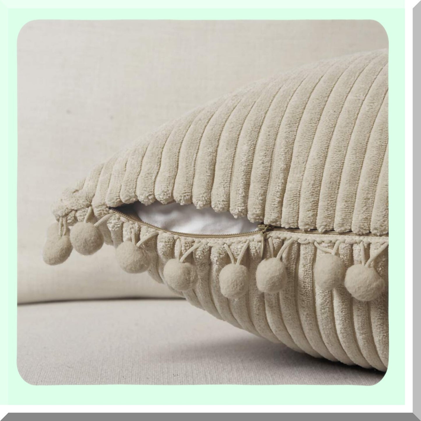 Boho Pom-Pom Corduroy Cushion Covers - Set of 2 | Soft Tan Square Pillow Cases for Living Room, Bedroom, Sofa, Car | 18x18 Inch Khaki Decor