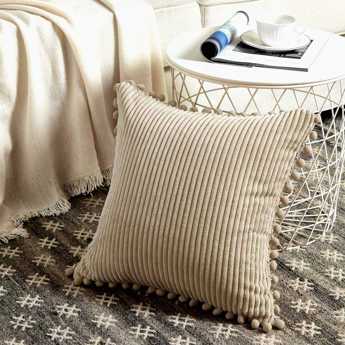Boho Pom-Pom Corduroy Cushion Covers - Set of 2 | Soft Tan Square Pillow Cases for Living Room, Bedroom, Sofa, Car | 18x18 Inch Khaki Decor
