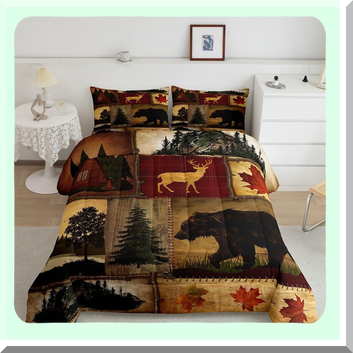 Rustic Lodge Comforter Set - Queen Size Hunting Bear Deer & Maple Leaves Duvet Insert with Woodland Pine Tree Quilt in Red Brown - Retro Cabin Farmhouse Bedding