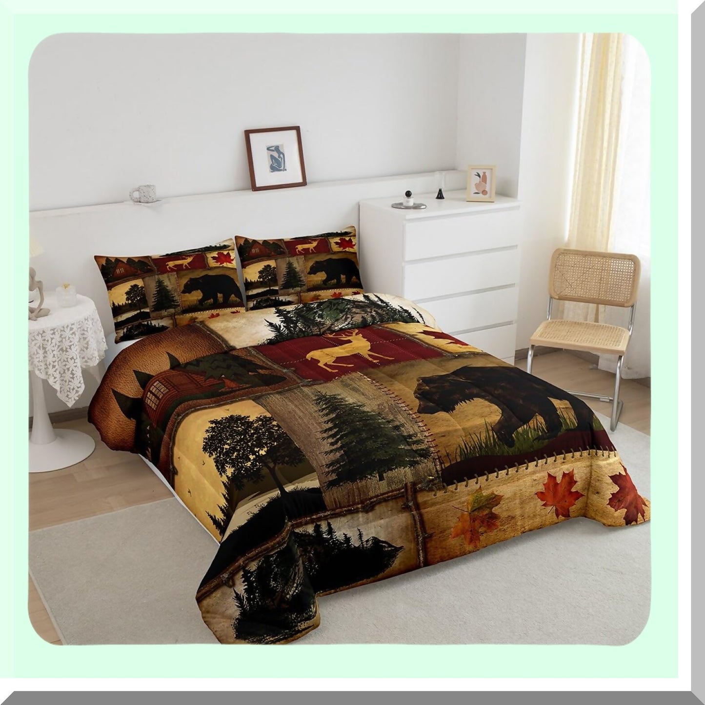 Rustic Lodge Comforter Set - Queen Size Hunting Bear Deer & Maple Leaves Duvet Insert with Woodland Pine Tree Quilt in Red Brown - Retro Cabin Farmhouse Bedding