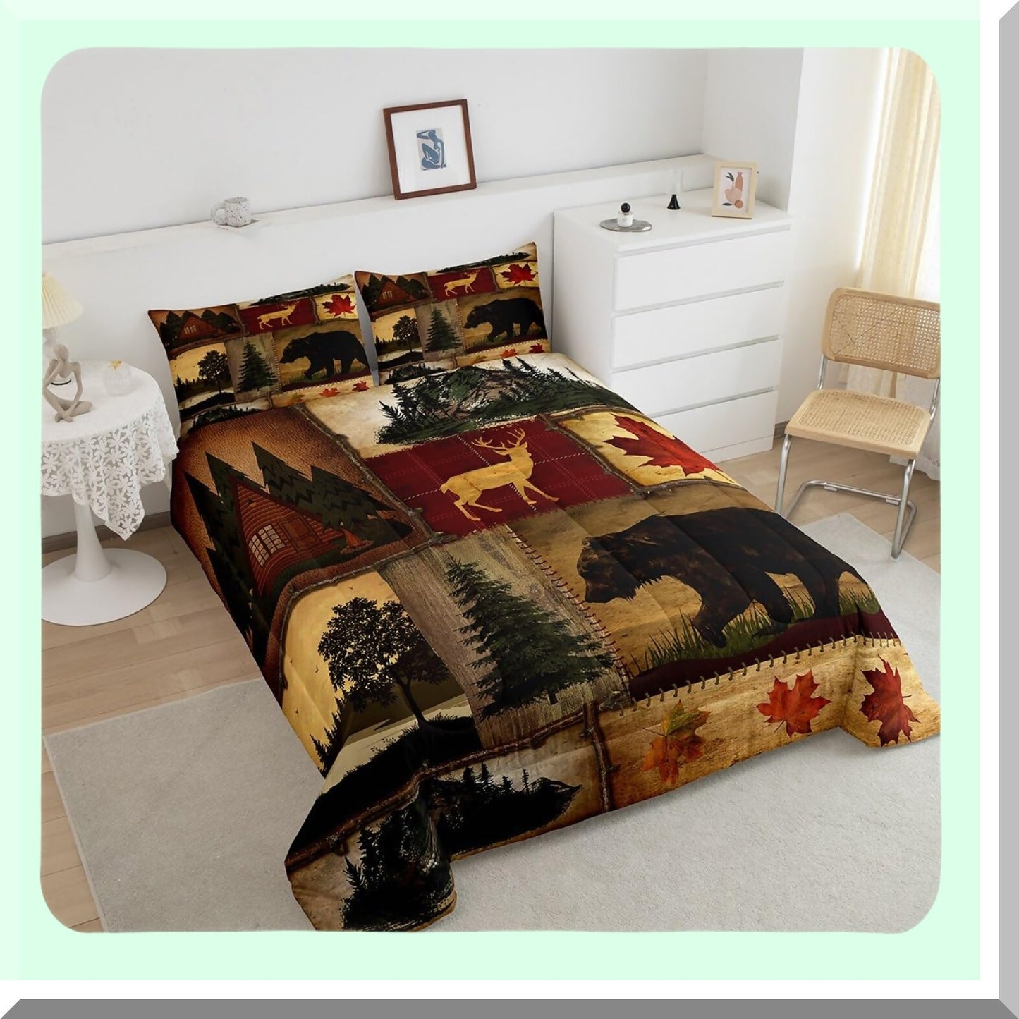 Rustic Lodge Comforter Set - Queen Size Hunting Bear Deer & Maple Leaves Duvet Insert with Woodland Pine Tree Quilt in Red Brown - Retro Cabin Farmhouse Bedding