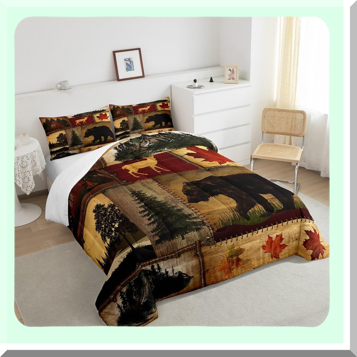 Rustic Lodge Comforter Set - Queen Size Hunting Bear Deer & Maple Leaves Duvet Insert with Woodland Pine Tree Quilt in Red Brown - Retro Cabin Farmhouse Bedding