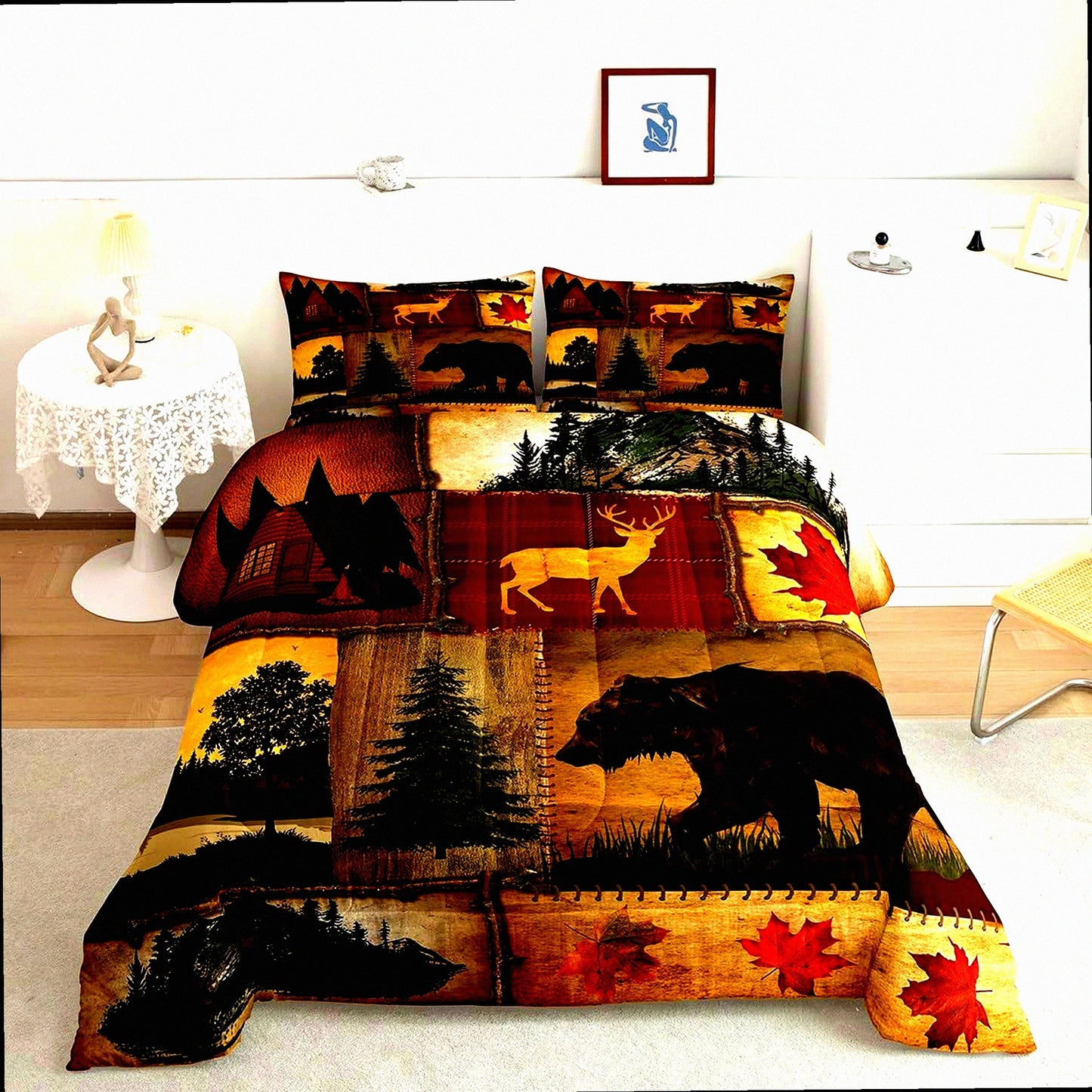 Rustic Lodge Comforter Set - Queen Size Hunting Bear Deer & Maple Leaves Duvet Insert with Woodland Pine Tree Quilt in Red Brown - Retro Cabin Farmhouse Bedding