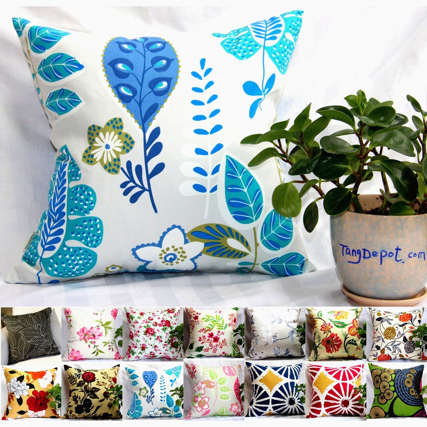 Floral Bliss Cotton Pillow Covers - Decorative Throw Pillow Shams in 14 Colors & 10 Sizes - Light Black, Peach Blossom, Blue Floral Design (18"x18")