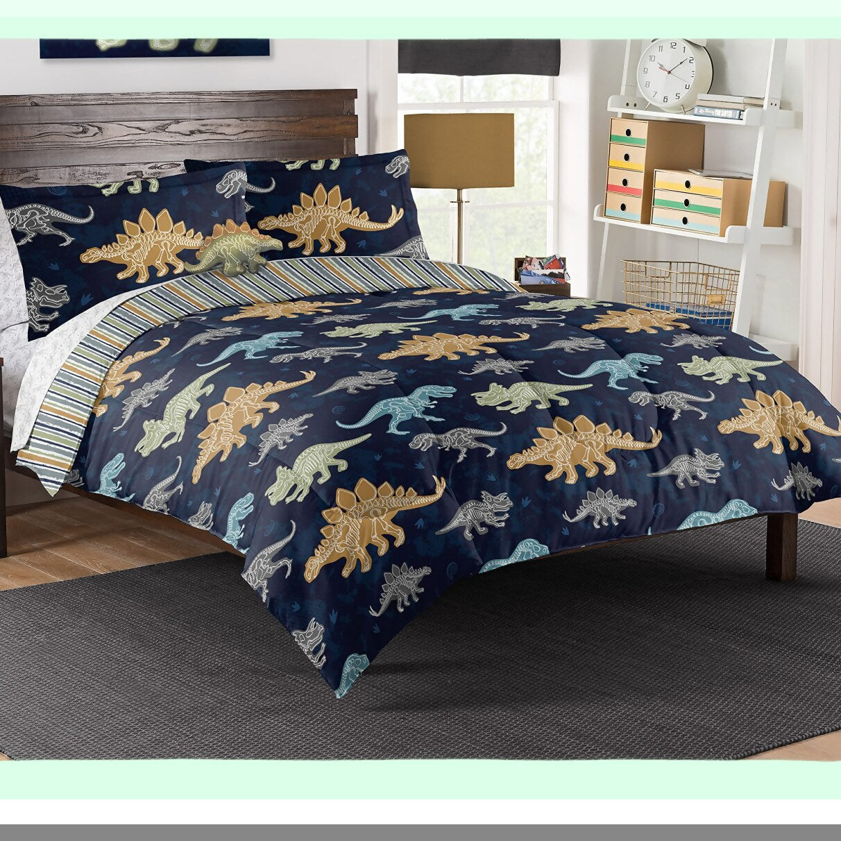 Dino Discovery 8-Piece Full Bedding Set with Decorative Pillow - Complete Bed in a Bag for Kids Room Decor - Dinosaur Themed Bedroom Essentials
