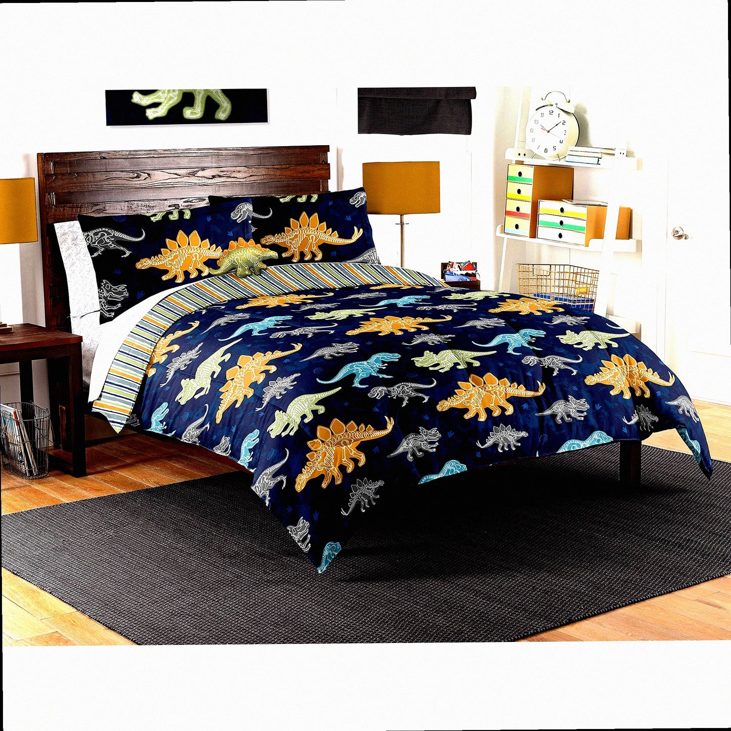 Dino Discovery 8-Piece Full Bedding Set with Decorative Pillow - Complete Bed in a Bag for Kids Room Decor - Dinosaur Themed Bedroom Essentials