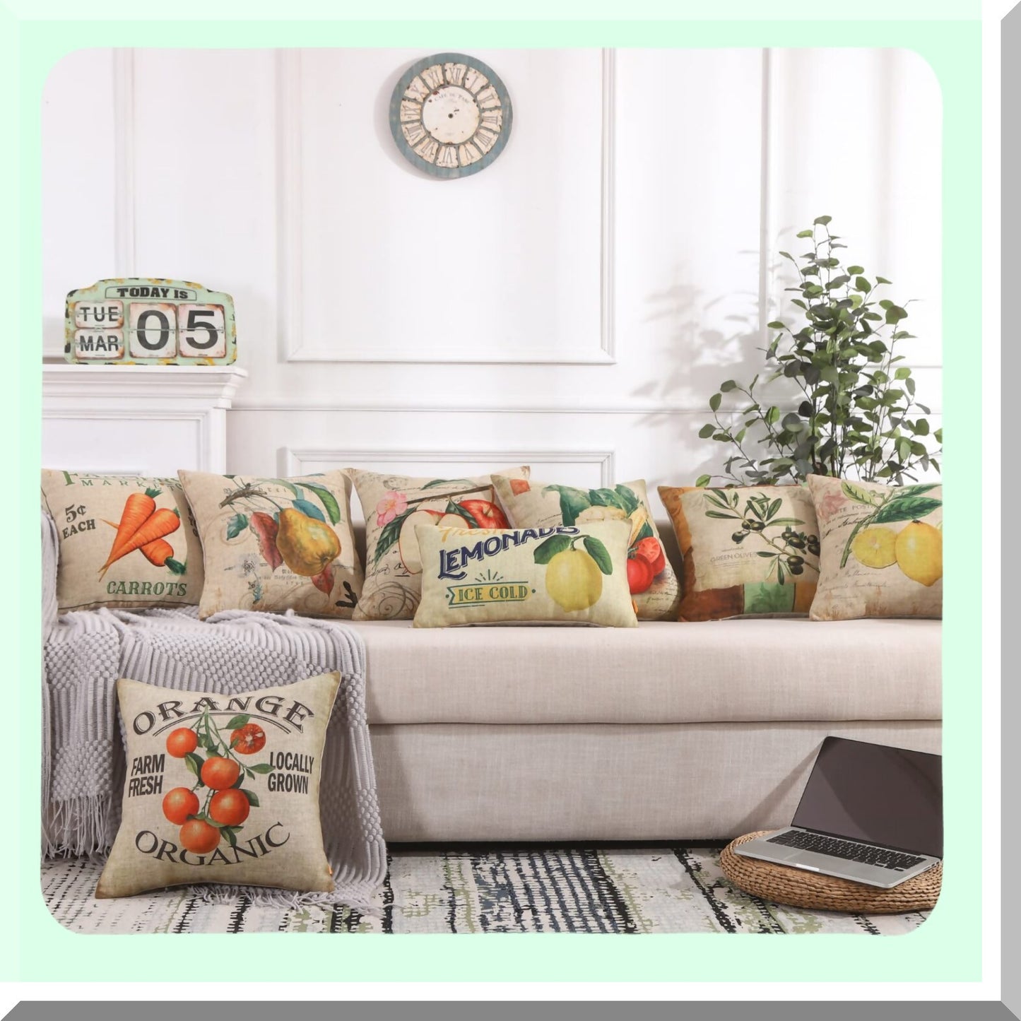Summer Lemon Farm Decor Pillowcase - Vintage Fruit Cushion Cover 18x18 Inch for Sofa Couch - Decorative Throw Pillow CC1914