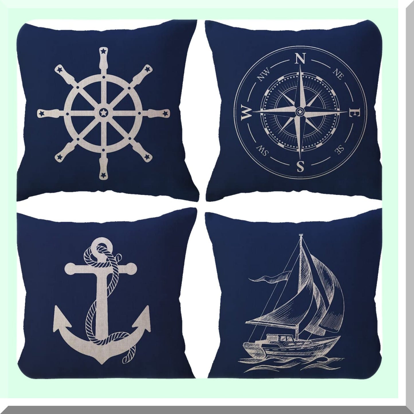 Nautical Blue Ocean Pillow Covers - Set of 4 Coastal Sailing Cushion Covers with Comp/Anchor/Sailboat/Navigation Pattern - Beach Decor Pillowcases for Sofa/Couch - 18x18 Inch