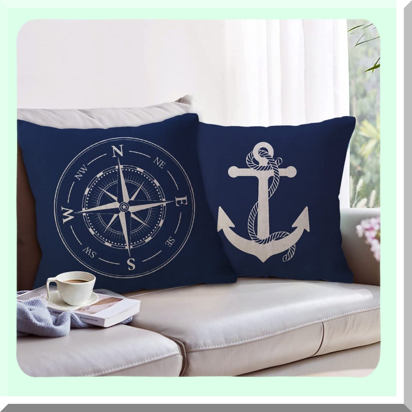 Nautical Blue Ocean Pillow Covers - Set of 4 Coastal Sailing Cushion Covers with Comp/Anchor/Sailboat/Navigation Pattern - Beach Decor Pillowcases for Sofa/Couch - 18x18 Inch