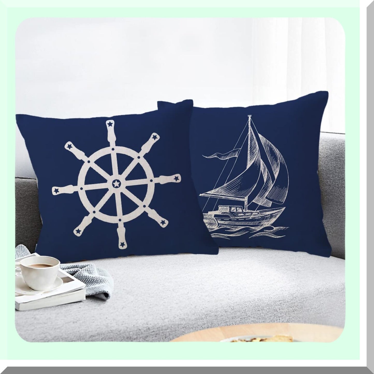Nautical Blue Ocean Pillow Covers - Set of 4 Coastal Sailing Cushion Covers with Comp/Anchor/Sailboat/Navigation Pattern - Beach Decor Pillowcases for Sofa/Couch - 18x18 Inch