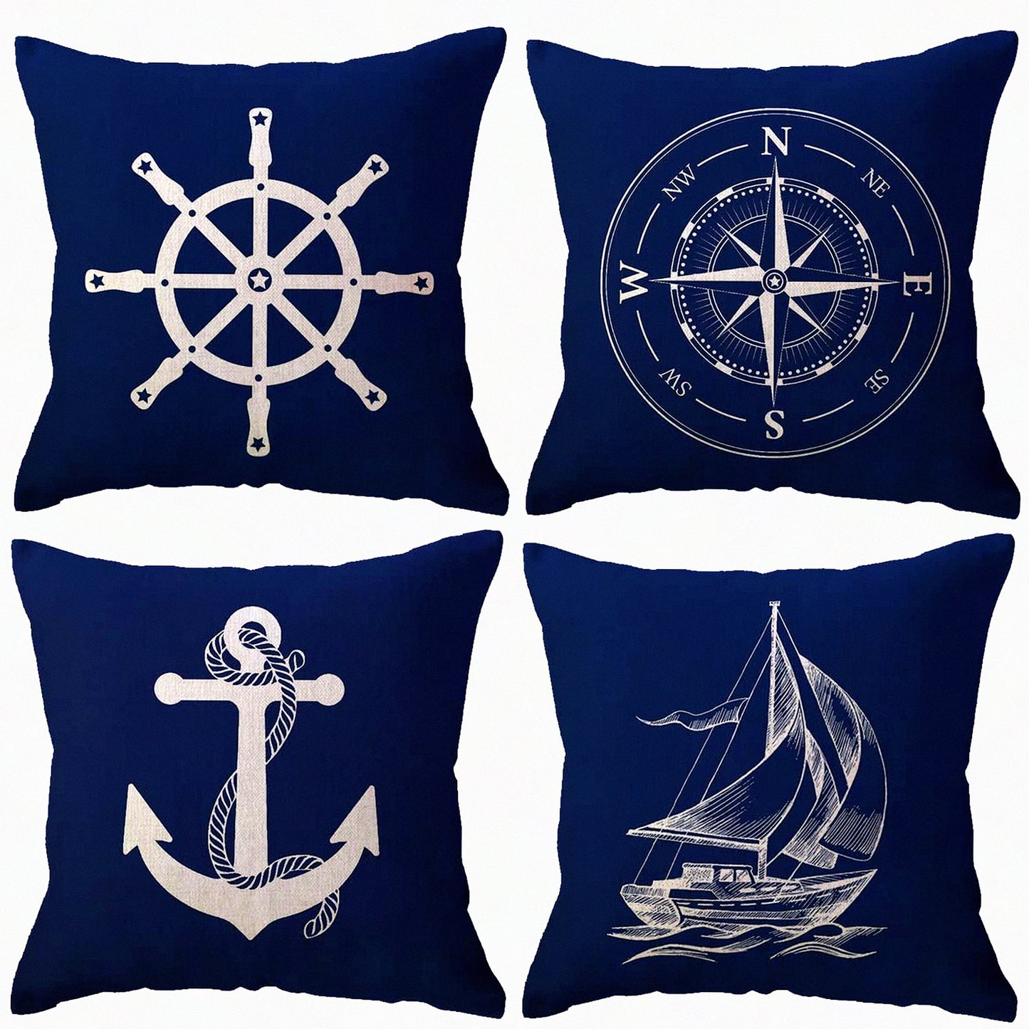 Nautical Blue Ocean Pillow Covers - Set of 4 Coastal Sailing Cushion Covers with Comp/Anchor/Sailboat/Navigation Pattern - Beach Decor Pillowcases for Sofa/Couch - 18x18 Inch