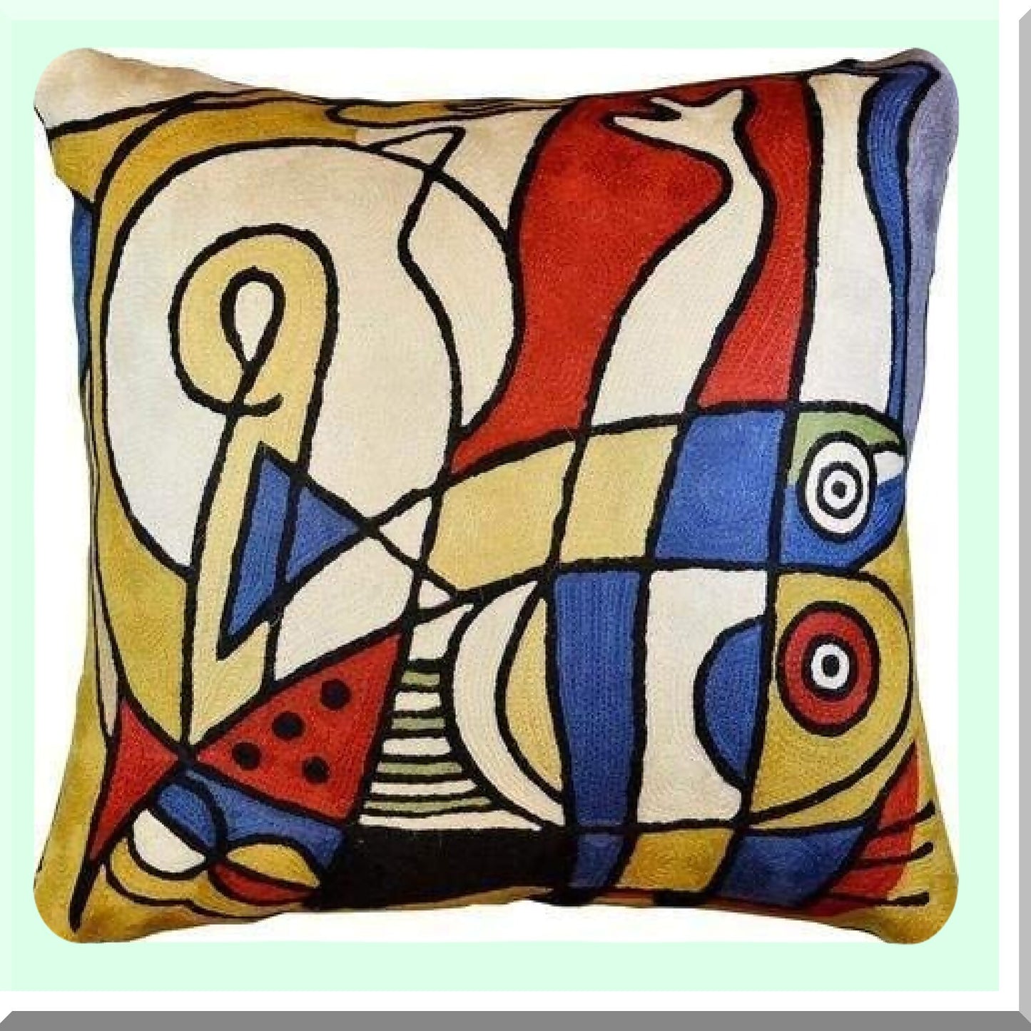 Coastal Gold Abstract Pillowcase - Modern Farmhouse Chair Cushion with Hand Embroidered Wool - Musical Decorative Throw Cushion Cover for Couch - Size 18x18