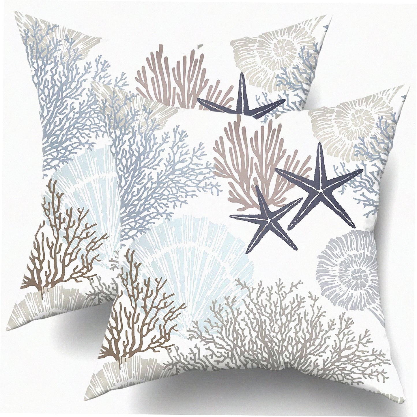 Nautical Starfish Seashell Pillow Covers Set - Coastal Beach Cushion Cases 18x18 Inch - Soft Cotton Square Throw Pillows for Home Sofa Patio Bedroom - Brown