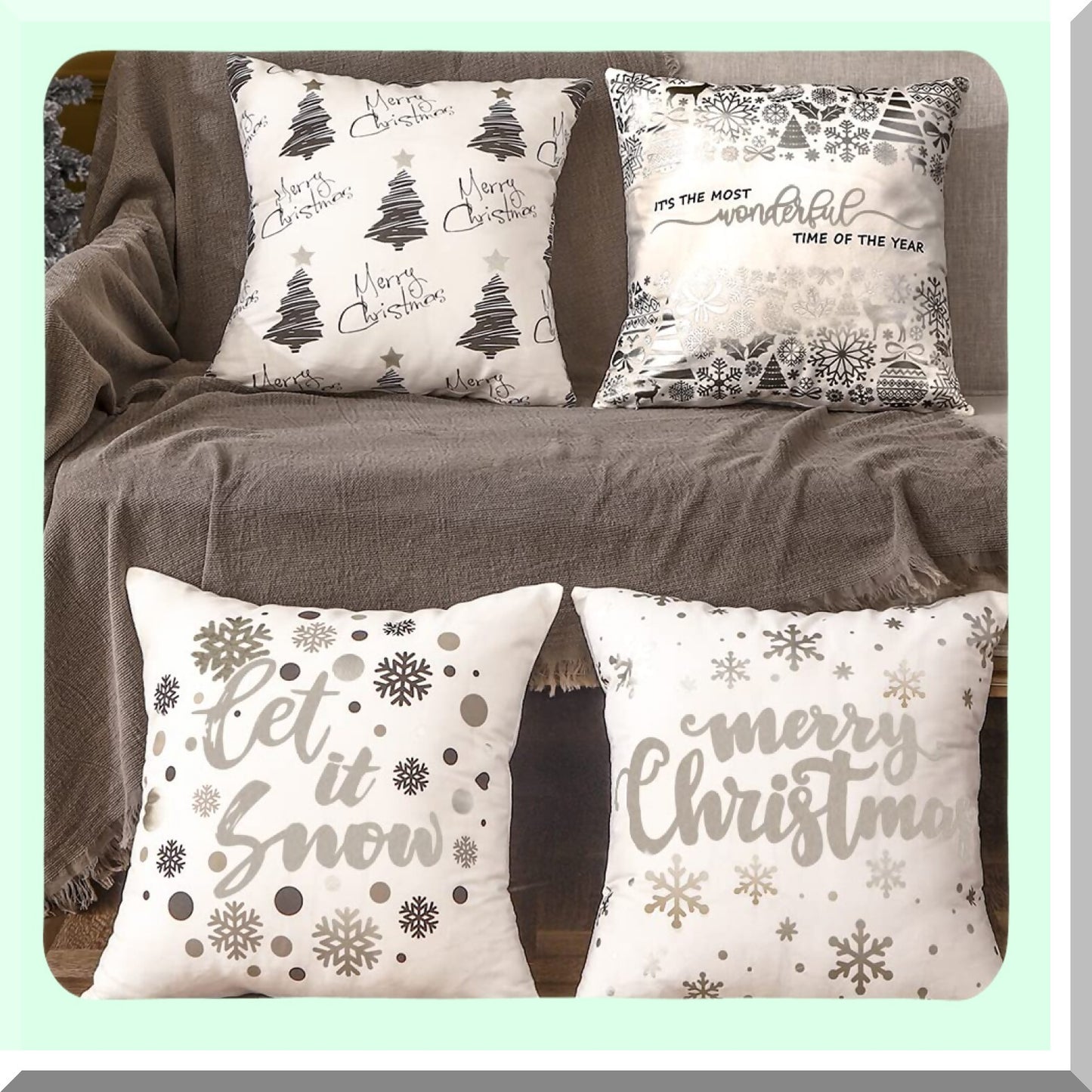 Snowflake Silver White Pillow Covers - Set of 4, Let It Snow Decorative Throw Pillows - 20x20 for Home Couch Sofa - Christmas Decorations