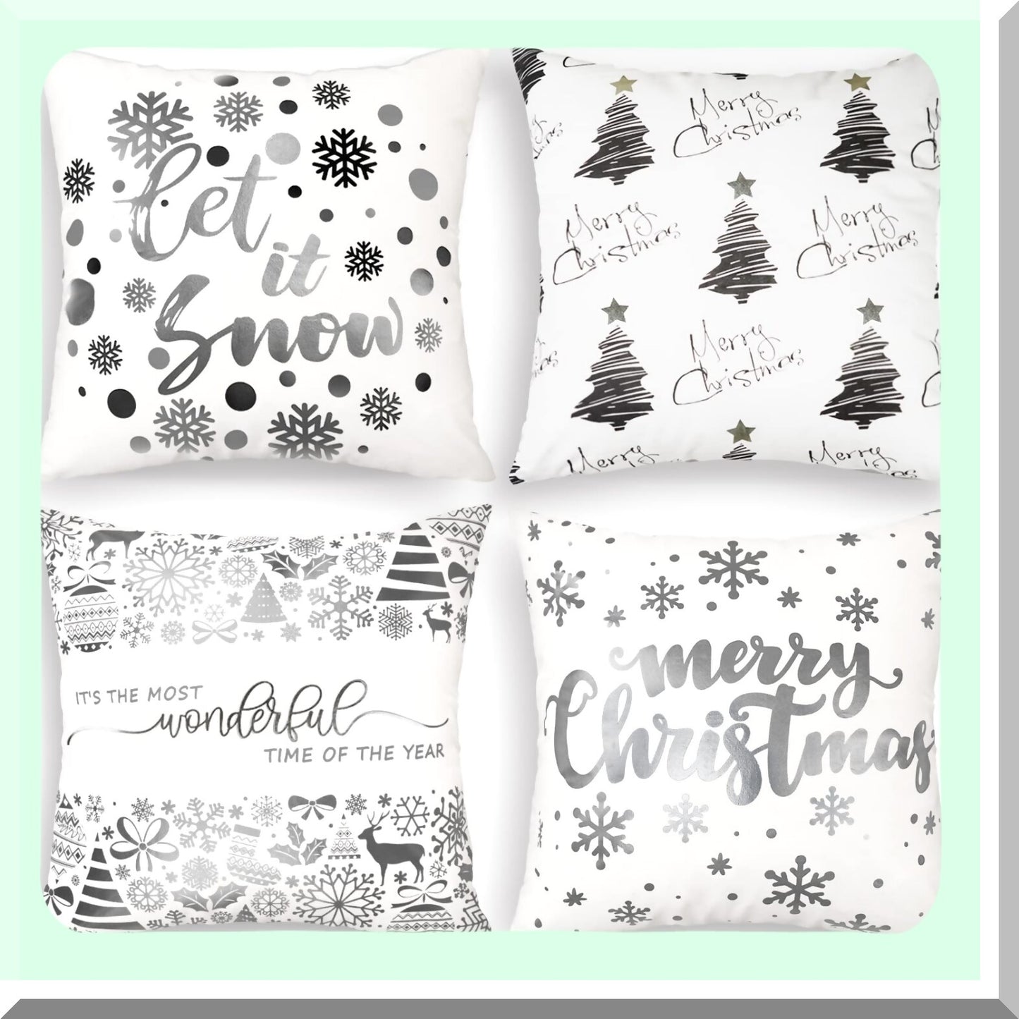 Snowflake Silver White Pillow Covers - Set of 4, Let It Snow Decorative Throw Pillows - 20x20 for Home Couch Sofa - Christmas Decorations