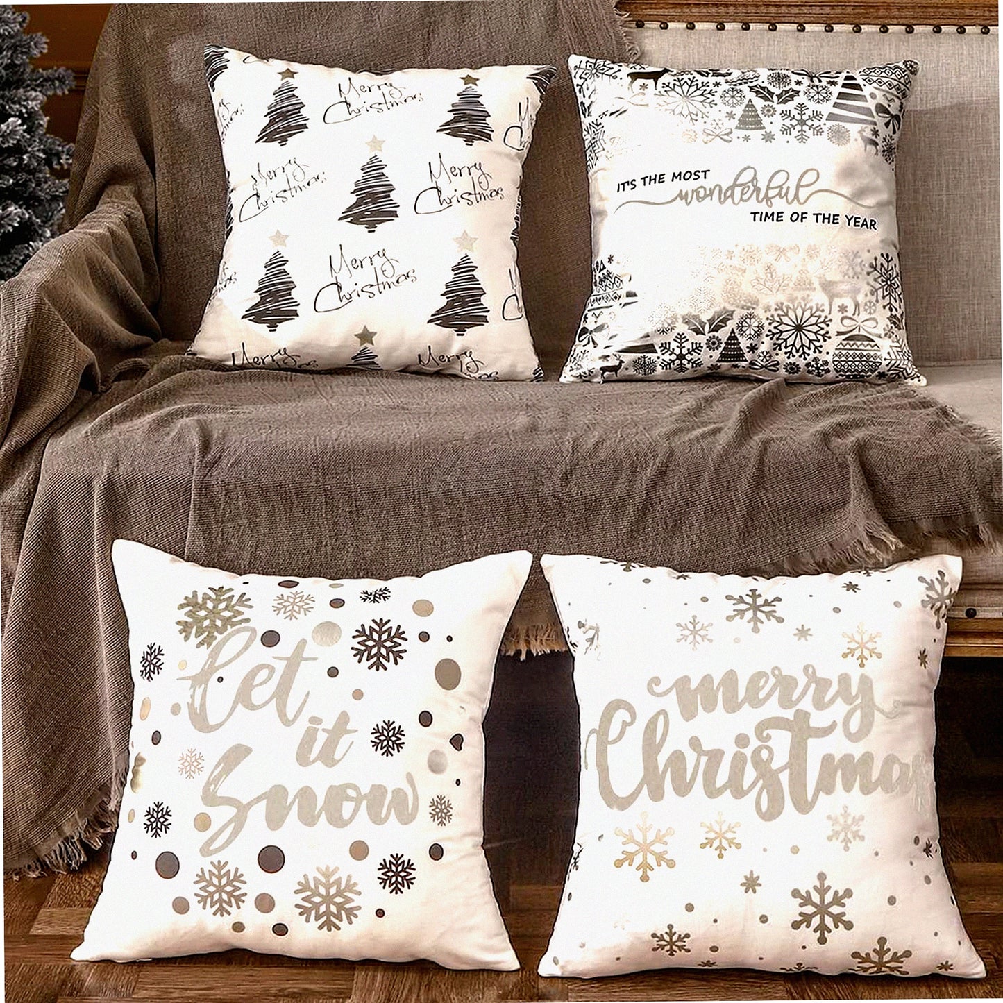 Snowflake Silver White Pillow Covers - Set of 4, Let It Snow Decorative Throw Pillows - 20x20 for Home Couch Sofa - Christmas Decorations