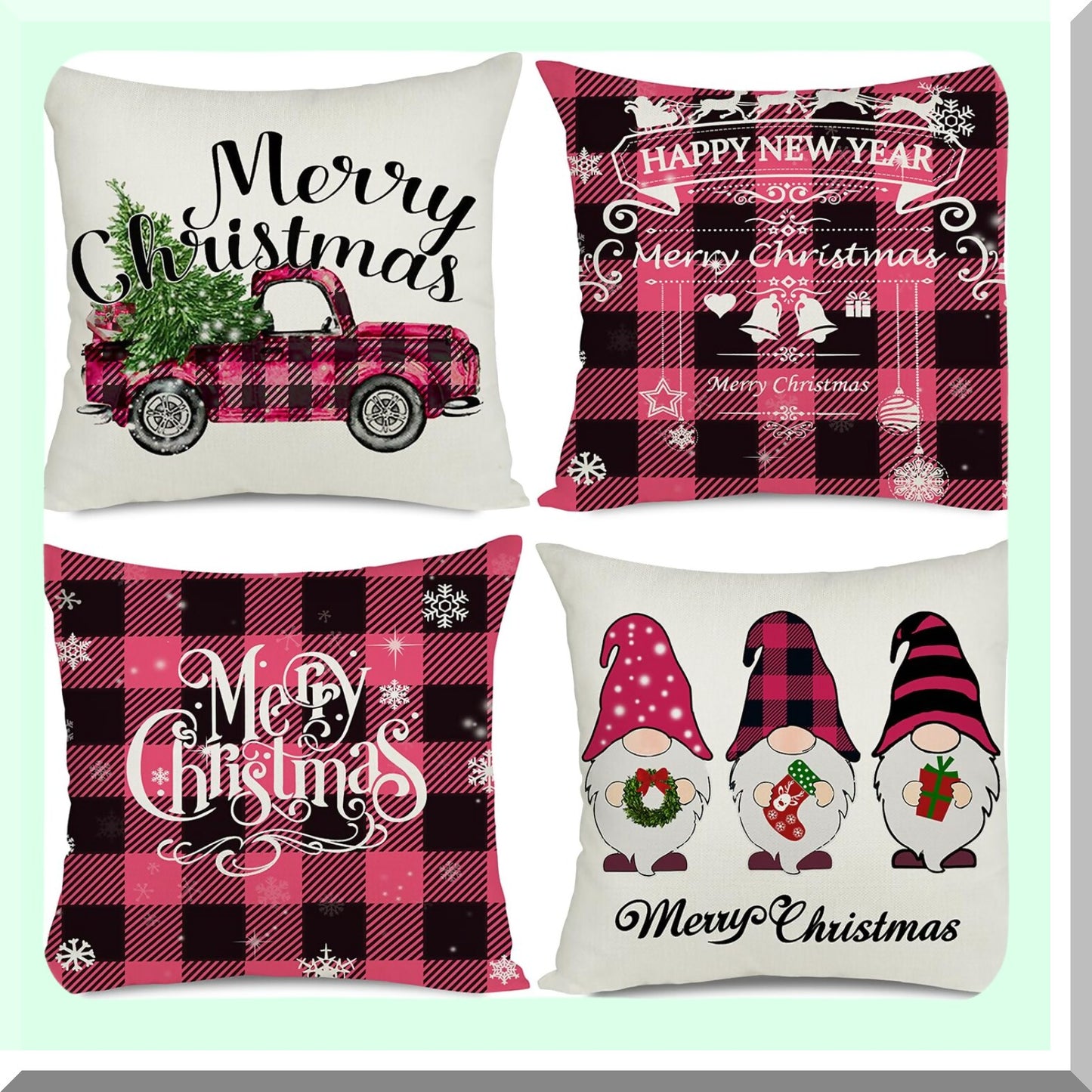 Merry Buffalo Plaid Farmhouse Gnomes Pillow Covers Set - Pink 18x18 Decorative Outdoor Sofa Slipcovers - Shams Cases for Couch - Pack of 4