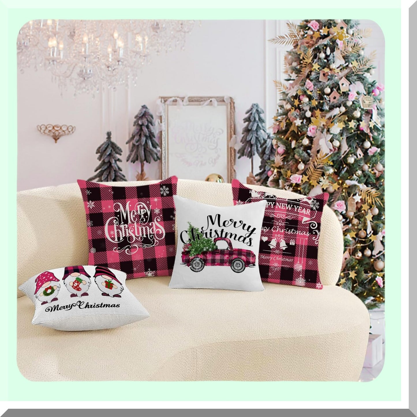 Merry Buffalo Plaid Farmhouse Gnomes Pillow Covers Set - Pink 18x18 Decorative Outdoor Sofa Slipcovers - Shams Cases for Couch - Pack of 4