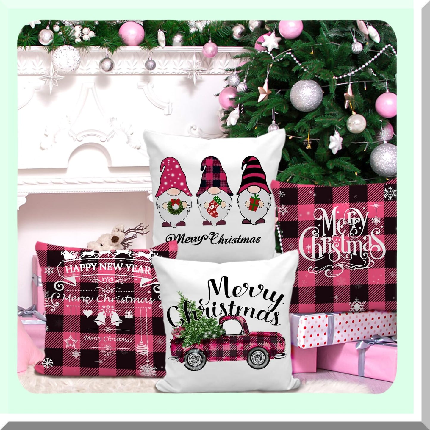 Merry Buffalo Plaid Farmhouse Gnomes Pillow Covers Set - Pink 18x18 Decorative Outdoor Sofa Slipcovers - Shams Cases for Couch - Pack of 4